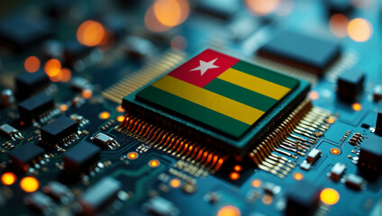 A Togo themed chip is embedded on a circuit board with illuminated pathways, highlighting innovation in electronics and cutting-edge hardware.