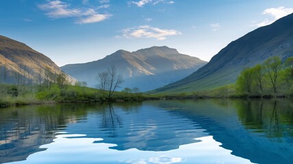 Tranquil lake surrounded by mountains with clear reflections in calm water at dawn