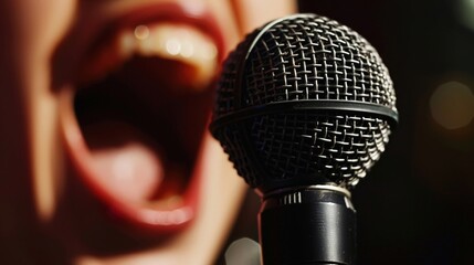 Obraz premium Closeup of a vocalists mouth singing into a studioquality microphone ,close-up