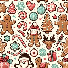 Fototapeta premium Festive seamless christmas background with gingerbread cookies, christmas candies and toys