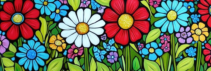A bright and colorful illustration of a field of flowers, with red, white, blue, and yellow blooms.