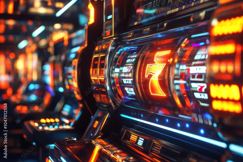 Aufkleber A row of futuristic slot machines glows brightly as reels spin, creating an exciting atmosphere for players in a gaming hall at night. Generative AI