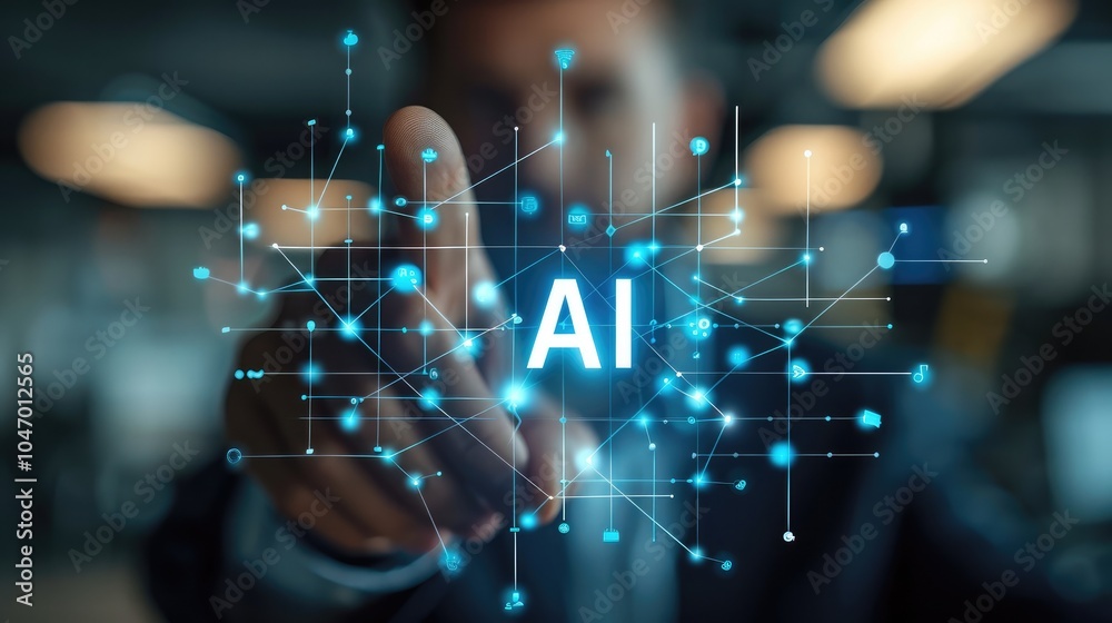 Aufkleber Businessman is touching the blue letters AI on their finger, surrounded by connected dots and lines forming an internet network in a digital style, background features elements of an office space.