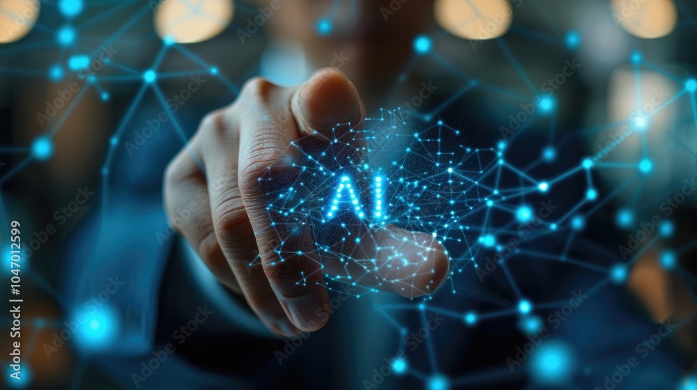Aufkleber businessman is touching the blue letters ai on their finger, surrounded by connected dots and lines 
