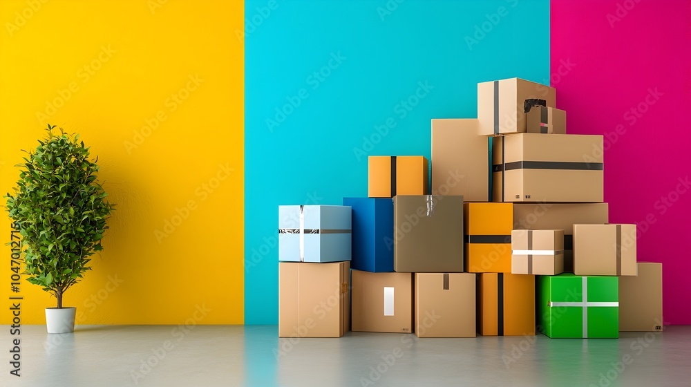 Poster creatively arranged parcel boxes in a pattern on a vibrant colorful background perfect for advertisi