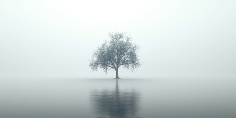 A tree is standing in a body of water, with the water reflecting the tree