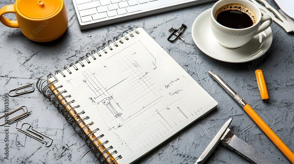 Aufkleber desk setup with essential tools and materials for engineering architectural and technical design wor