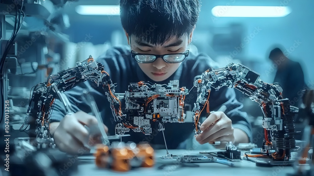 Leinwandbilder East Asian Robotics Engineer Assembling Mechanical Arms in a High Tech Laboratory  The image depicts a skilled engineer working on the assembly of advanced mechanical arms in a futuristic