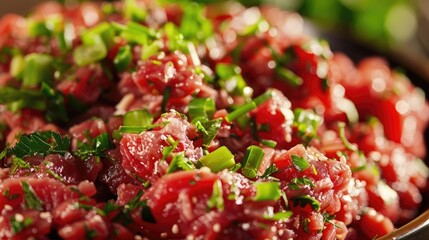 Close-up RAW Style of Prime beef tartare preparation, raw meat dish