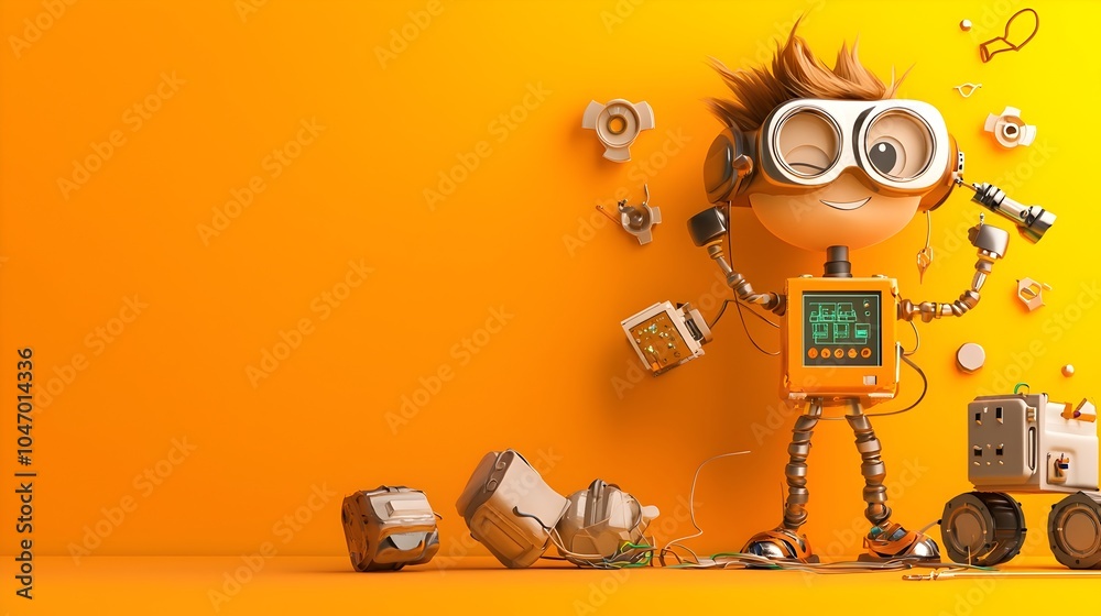 Poster Electrical engineer examining and testing a battery powered clay robot model in a 3D rendering or image  The image showcases the process of engineering innovation and technological development