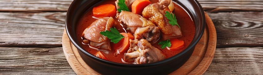 Close-up RAW Style of Traditional French coq au vin preparation, wine braised chicken