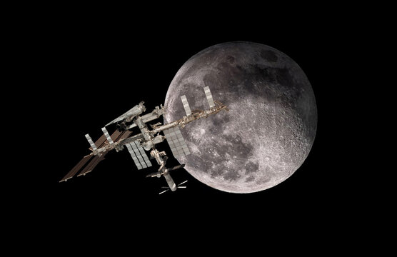 Astronomical photograph capturing the International Space Station (ISS) transiting across the moon, showcasing celestial events in stunning detail
