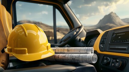 Fototapeta premium Engineering Vehicle Dashboard Displaying Blueprint Tube and Hard Hat Signifying the Planning and Stage of a Construction or Infrastructure Project
