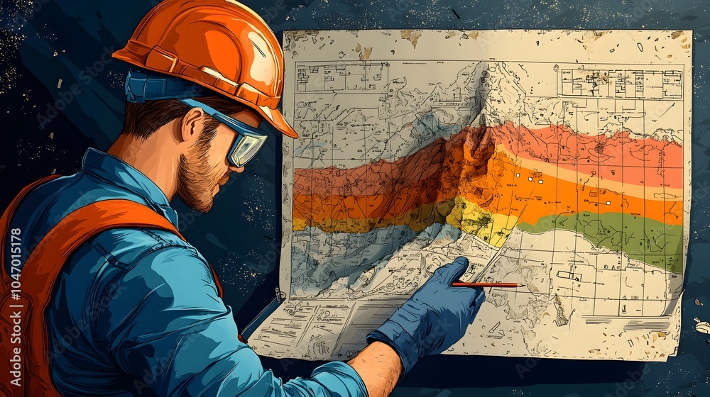 Aufkleber experienced geotechnical engineer carefully examines the colorful textured layers of earth displayed