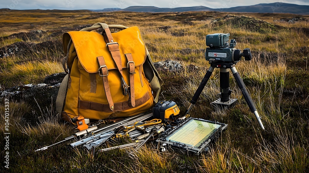 Poster Field Engineer s Utility Bag Filled with Various Tools and Instruments Beside Survey Equipment on a Grassy Outdoor Worksite