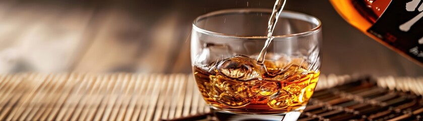 Close-up RAW Style of Yamazaki 18-year whisky pour, premium Japanese spirit