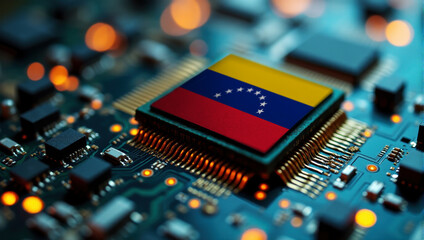 A Venezuela themed chip is embedded on a circuit board with illuminated pathways, highlighting innovation in electronics and cutting-edge hardware.