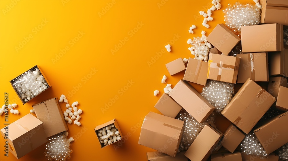 Poster Flat lay arrangement of opened cardboard boxes filled with bubble wrap and packing peanuts depicting the packaging and shipping process for goods products or parcels