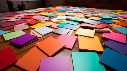 Colorful assortment of square cards scattered across a wooden table in a creative workspace setting