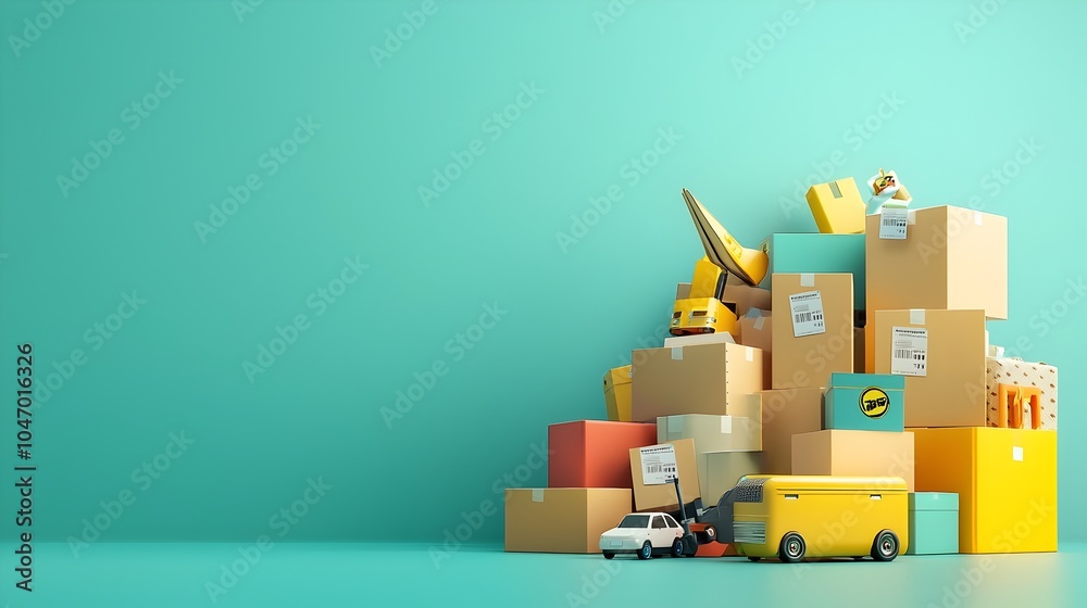 Poster heap of various sized cardboard boxes or parcels with express delivery labels or stickers depicting 