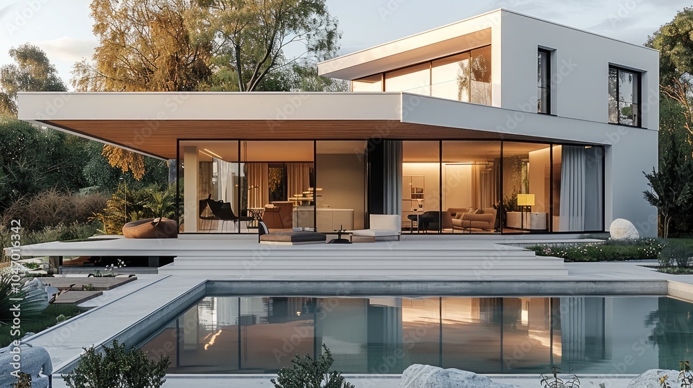 Poster a luxurious modern minimalist home set in a tranquil landscape. the structure features a combination