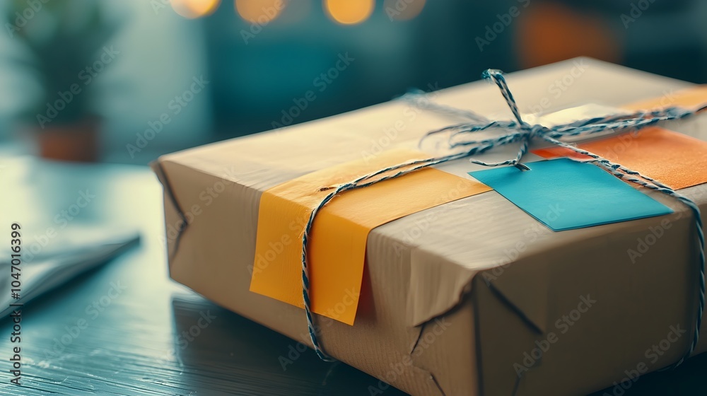 Poster high angle close up view of a sealed cardboard parcel box with colorful shipping labels attached rep