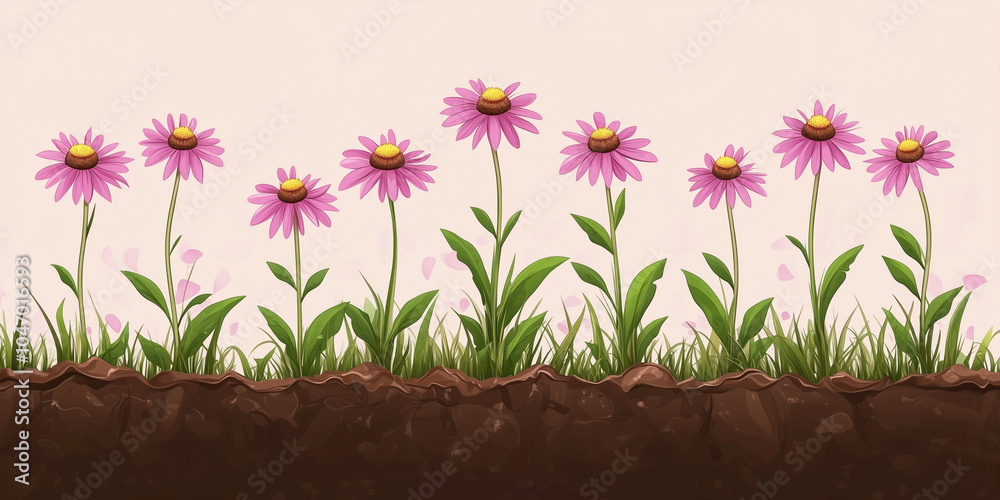 Wall mural Echinacea plants growing in rows in a herb garden, illustration art