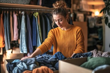 Fototapeta premium Decluttering Clothes: Woman Sorting, Cleaning, and Organizing Wardrobe