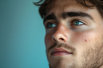 Obraz premium Closeup man face with red pimples, inflammation on face and problem skin. Acne, rosacea and couperose therapy. Facial treatment skincare routine and hygiene Cosmetic and beauty banner with copy space