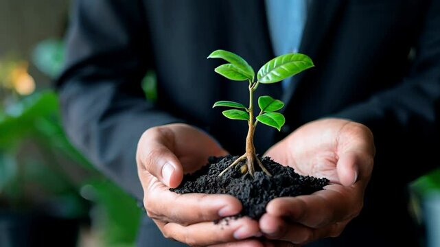 Businessman holding plant sapling symbolizing environmental responsibility in business.
