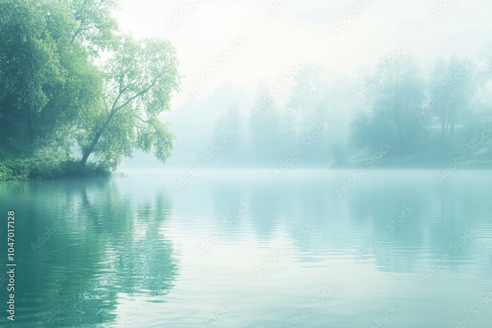 Poster morning mist blankets the calm lake, while lush trees softly reflect in the serene water, creating a