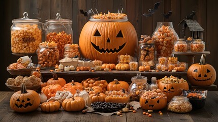 A delightful assortment of Halloween-themed candies and treats displayed in a fun and creative way