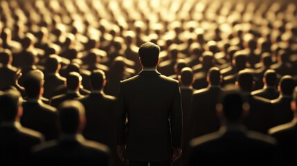 Obraz premium Dictatorship. Businessman Leading Crowd of Military Saluting in 3D Illustration