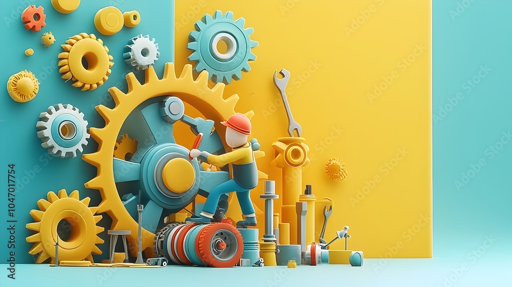 Poster innovative 3d render of a mechanical engineer repairing a vibrant colorful gearbox using giant clay 