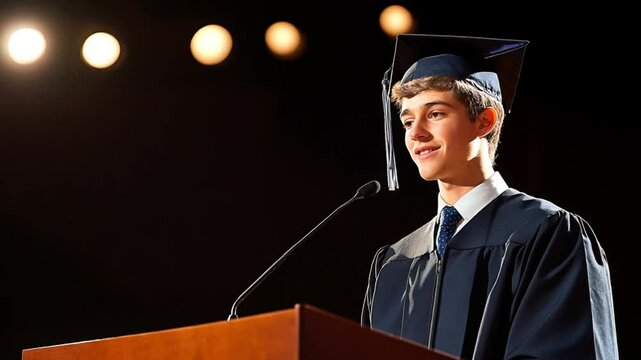 Graduation speech delivered by young student standing on stage under spotlight. Confident male graduate delivering valedictorian speech during ceremony event.