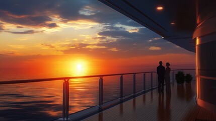 Fototapeta premium A romantic evening on a cruise ship deck, with a couple watching the sunset over the horizon