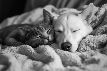 Obraz premium Dog And Cat Together. A Cute Friendship Between Pets on a Cozy Blanket