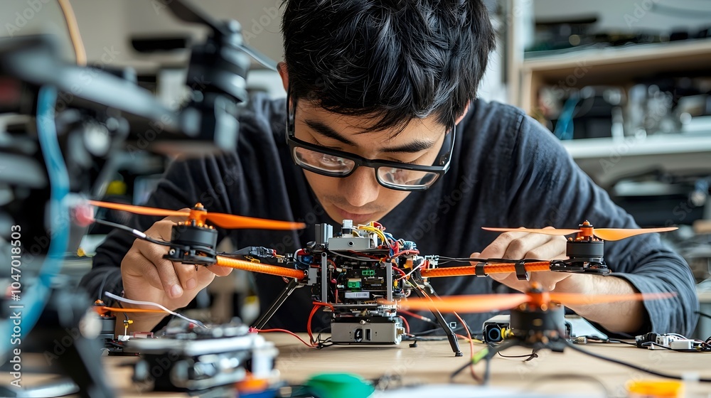 Poster latin american mechanical engineer meticulously examining and testing drone mechanics and electronic