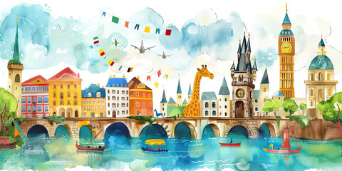 A whimsical children's book about a young explorer traveling through different European countries, using vibrant watercolor illustrations to depict the landmarks and culture.