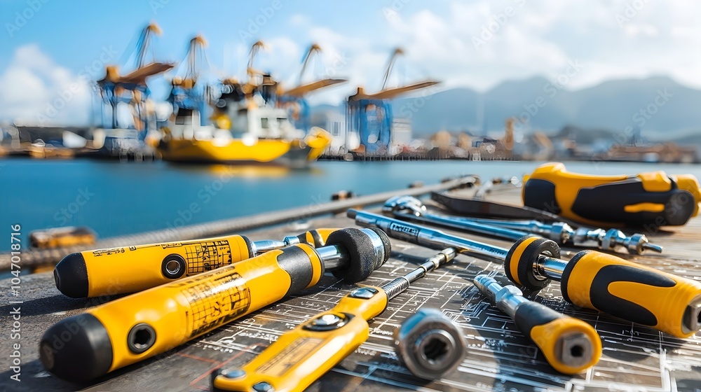 Aufkleber Marine engineer s toolset including torque wrenches and schematic diagrams neatly arranged on a dockside  Concept of industrial maintenance machinery repair and maritime engineering