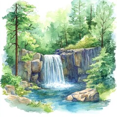 Naklejka premium Watercolor Forest Landscape with Trees and Rocks. Hand-drawn Illustration of Nature Scenery