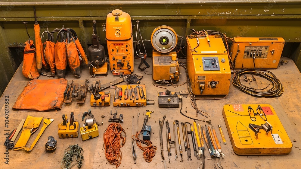 Poster meticulously organized railway maintenance equipment including tools machinery and a signal receiver