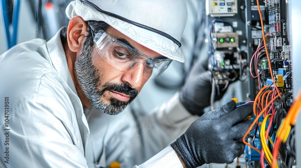 Poster middle eastern power station electrical engineer troubleshooting and analyzing control panel for ele