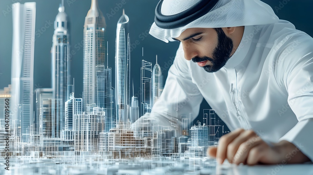 Fototapete Middle Eastern structural engineer carefully examining intricate 3D building models and blueprints on a computer interface