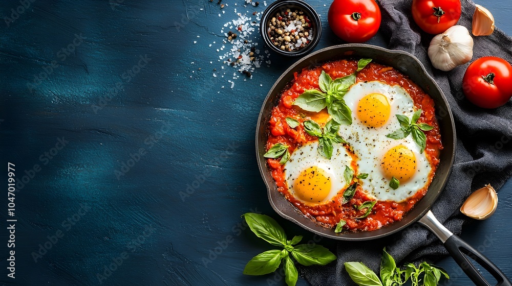 Aufkleber mouthwatering shakshuka poached eggs floating in a flavorful spicy tomato sauce served in a rustic c