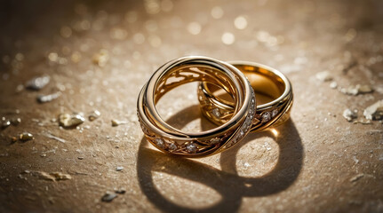a pair of gold wedding rings