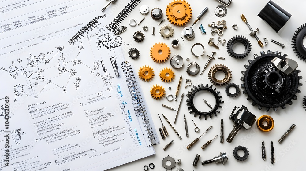 Poster Neatly arranged pile of metal gears screws and precision engineering tools placed next to open documents or blueprints on a desk or workspace surface