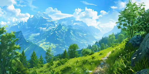 Naklejka premium A peaceful landscape painting of a European mountain range, with a small hiking trail winding through the lush greenery and the blue sky above.