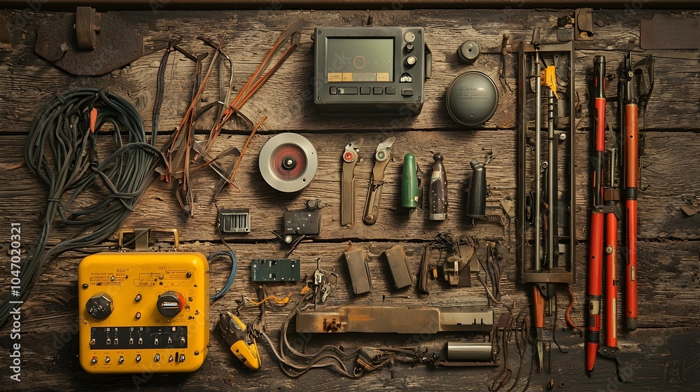 Poster neatly arranged railway maintenance tools machinery and signaling receiver equipment showcasing the 