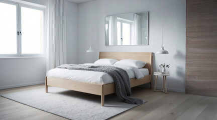 A minimalist Scandinavian bedroom featuring a light wood bed frame with white bedding, a soft gray wool throw